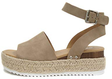 Soda Topic Open Toe Buckle Ankle Strap Espadrilles Flatform Wedge Casual Sandal (Dark Natural, 7.5)
