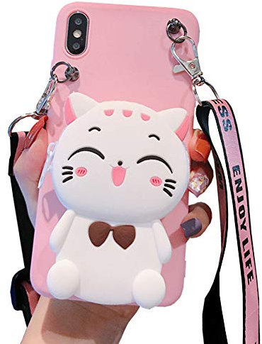 SGVAHY Wallet Case for iPhone 7 Plus & 8 Plus - Cute Kawaii Soft Silicone Shockproof Cover with Strap Lanyard & Coin Purse (Cat Pink)