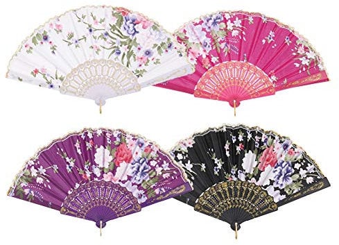 Aoliandatong Folding Hand Fan,4 Pieces Hand Held Chinese Fan Golden Embroidered Edge Folding Fans,Silk Cloth Handheld Fans for Wall Decoration Dance Performance Wedding Party Festival Gift