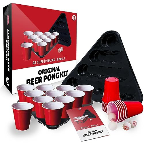 Offizielles Beer Pong Set® | Gesamtpaket Beer Pong Officiel | Premium Qualität | 22 Red Cups | 2 Racks | 4 Bälle | Offizielle Regeln | Trinkspiel | Partyspiel | OriginalCup®