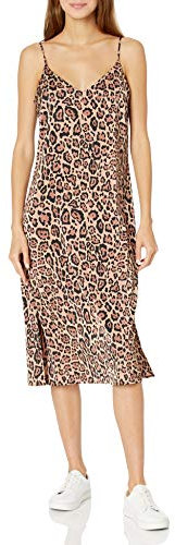 The Drop Ana Vestido de estilo lencero de largo medio y efecto de seda con cuello de pico Mujer, Estampado de leopardo, XXS