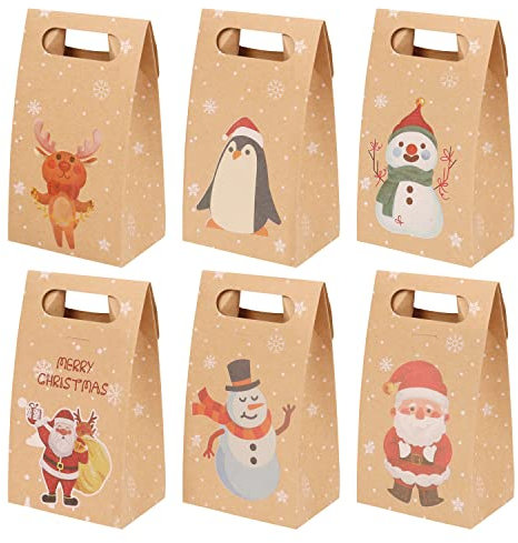Belle Vous 24 Stk Geschenktüten Weihnachten Design – 15,6 x 8,6 x 6 cm Kleine Kraftpapiertüten Weihnachten in 6 Designs (Jeweils 4) – Einfach Zusammenzubauen für Kekse, Süßigkeiten & Leckereien