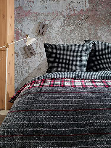 Teddy Plüsch Bettwäsche 135 x 200 cm warme Winter Cashmere Touch Fleece Wendebettwäsche Anthrazit Bordeaux Gestreift
