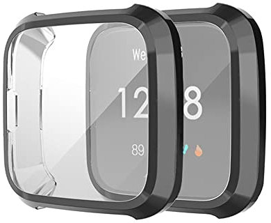 subtel® 2in1 Schutzhülle + Displayschutz für Fitbit Versa Lite Hardcase + Display Schutzglas - Gehäuse, Rahmen, Touch Bildschirm Schutz Hülle + Displayglas Protector schwarz