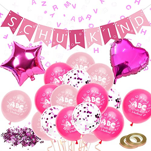 JORAKI Einschulung Deko, 37 Stück Einschulung Mädchen Deko, Schuleinführung Schulanfang Deko Mädchen mit Schulkind Girlande, ABC 123 Luftballons, Herz und Stern Folienballon, Buchstaben Konfetti, Rosa
