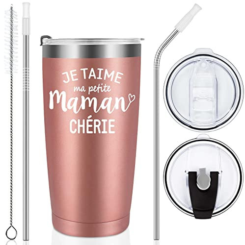Livole Cadeau Anniversaire Maman, Tasse Isotherme Maman, Cadeau Fête des Mere, Femme, Je Taime Ma Petite Maman Chérie, Cadeaux Maman Noel, 600ml Mug Isotherme avec Paille, 20oz Tasse a Cafe