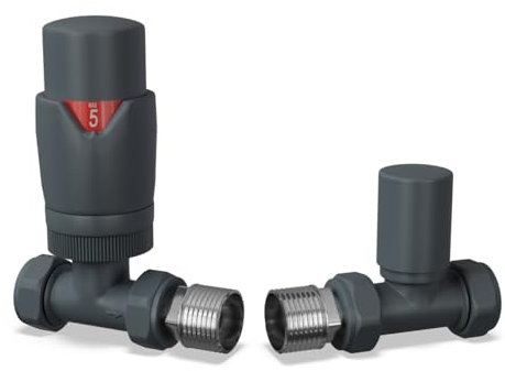 UK Radiators Thermostatic Radiator Valve (TRV) 15mm Straight Lockshield Valve in Textured Anthracite Grey Colour - Energy Saving 1/2 x 15mm Brass Straight Radiator Valve