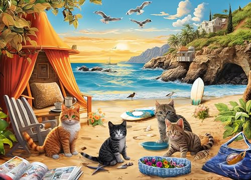 Puzzle 500 Teile – Puzzle für Erwachsene und Kinder ab 14 Jahren – Küstenkatzen und Möwen