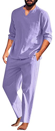 Duohropke Tuta da uomo in lino, 2 pezzi, estiva, per il tempo libero, in lino, camicia e pantaloni da uomo, casual, da spiaggia, da uomo, per il tempo libero, per lo yoga, Lilla, M