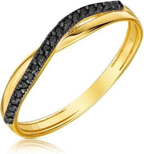 Sakrami Damenring aus Gold, zweifarbig, geflochten, mit schwarzen Zirkoniasteinen, Gelbgold, Zirkonia