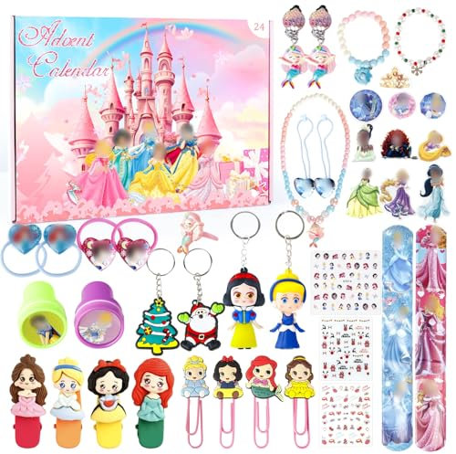 Adventskalender 2024 Mädchen, Weihnachten Countdown Kalender Mädchen-24 Tage Überraschungen, Prinzessin Weihnachten Geschenke für Kinder Mädchen, einschließlich Schmuck Ohrringe Halskette