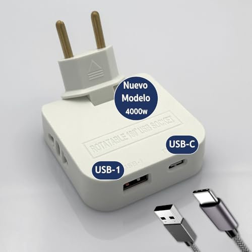 3-Stars | Pack 2 Un. Ladron Enchufes Plano con USB C de 4000W (Mayor Potencia). 4 Tomas: 2 Puertos de Carga USB Tipo 1 y Tipo C - 2 Enchufes. Diseño: Enchufe Plano Pared extraplano. Espacio reducido.
