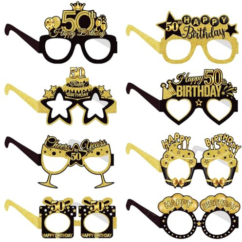 COLANANA Birthday Party Glasses Decoration,8 Pieces 50th Birthday Party Decorations,Funny Paper 50th Birthday Eyeglasses Deco,Birthday Photo Booth Props Supplies for Women Men