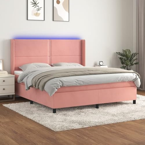 KATERYY Sommier à Lattes de lit Matelas et LED Rose 160x200 cm Velours Lits, Cadres de lit