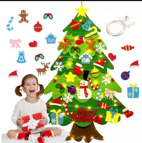 DIY Filz Weihnachtsbaum Set 32 Stück, Ornamente 9.8 FT Tall Wall Hanging with 30 LED String Lights for Toddlers Kids Xmas Gifts Home Door Wall Decoration Merry Christmas