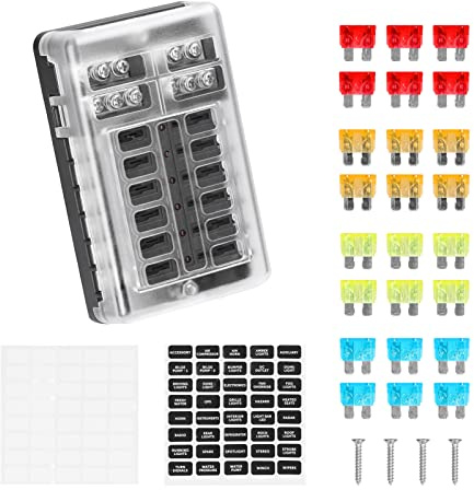 VOBOR 12 Fach Kfz Sicherungshalter 12 Volt, mit LED-Anzeige Wasserdichte Schutzabdeckung und 24 Sicherungen, Sicherungskasten für DC 12V / 24V Auto, Boot, Van, Suv, LKW