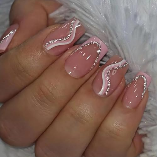 24PCS Square False Nails, Medium Length Pink French Tip with Glitter Silver Swirl Design, Press-On Full Cover Acrylic Nail, Removable Glue-On Fake Nails for Women & Girls (Nail Art Accessories)