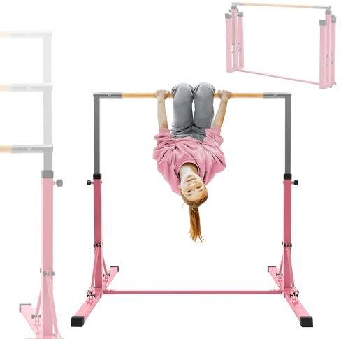 Hauki Barra de Gimnasia Artística Horizontal para Niños, Rosa, Equipo de Entrenamiento Infantil Plegable Base Estable Altura Teléscopica 95,5-150cm Madera/Acero Ejercicios en Casa Interior/Exterior