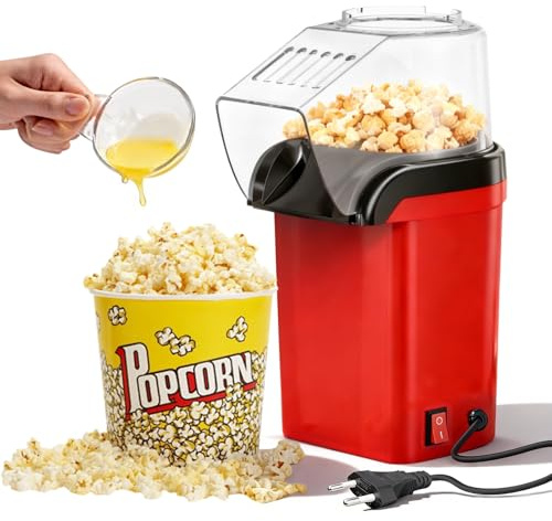 Heißluft Popcornmaschine, 1200W Heißluft Popcorn Maker mit Messlöffel, Transparenten Deckel, Nachfüllöffnung Gesund und Ölfrei Popcorn Maschine für Zuhause Filmaben, Weihnachten, Kindergeburtstag