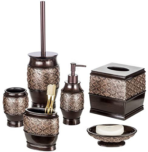 Creative Scents Brown Bathroom Accessories Set - 6-Piece Bathroom Set Includes: Decorative Soap Dispenser, Soap Dish, Tumbler, Toothbrush Holder, Tissue Box Cover and Toilet Bowl Brush (Dublin)