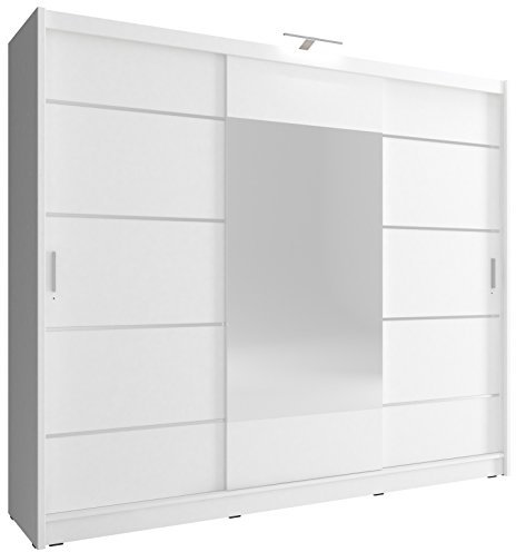 MEUBLO Armoire de Chambre avec 3 Portes coulissantes | Armoire avec Miroir et LED | Penderie (Tringle) avec étagères | Style Contemporain (L x H x P): 250x214x62 Borneo 250 ALU (Blanc)