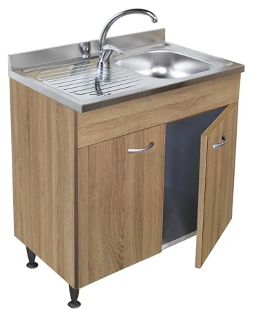 Arredobagnoecucine Mueble bajo lavabo teca, 2 puertas completo con fregadero de acero inoxidable, 80 cm, bañera a la derecha
