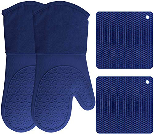 BPA-Free Soft Silicone 4 Piece Oven Mitts & Trivets Set - Ultra Heat Resistant Oven Mitts with Thick Cotton Liner - Long Slip Resistant Pot Holders, Flexible Oven Gloves - Royal Blue