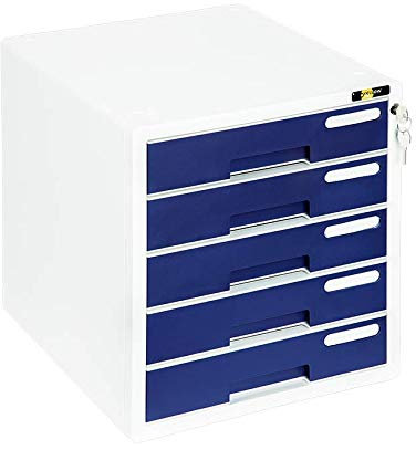 Yellow One Hochwertige Schubladenbox/Ablagebox/Ordnungsbox/Dokumentenbox, passend für A4, abschließbar mit Schloss, mit 5 Fächern und Beschriftungsfeldern, aus Kunststoff, Farbe: weiß/blau– 1 Stück