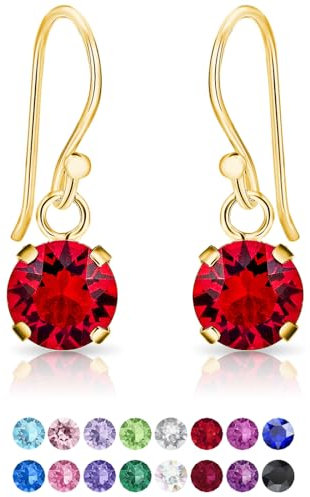 DTPsilver® Pendientes Colgantes Pequeños Plata de Ley 925 Chapados en Oro Amarillo con Cristal Swarovski® 6 mm - Pendientes Dorados - Pendientes Mujer Rojos