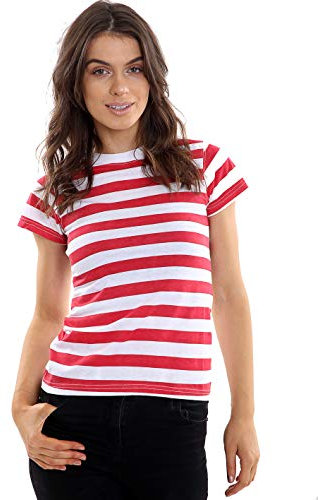 GW CLASSY OUTFIT Ladies Womens Striped T Shirts T Shirt Tops Vest Cotton Blend Fancy Dress S-XL (Red & White Stripe, M-L 12-14)