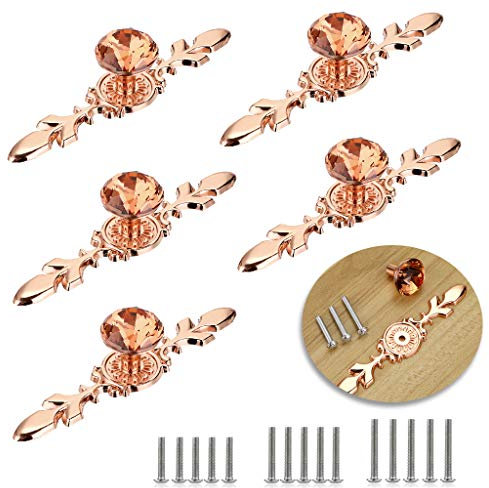 BSTKEY 5 Pack Rose Golden Crystal Drawer Knobs with Plate - Diamond Shape Cabinet Drawer Knob Drawer Pull Handle Cupboard Wardrobe Drawer Pull Handle Furniture Knobs with Screws (120mm)