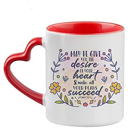 Getagift May He Give You The Desires of Your Heart Bible Verse/Quote Faith in God Present for Men/Women, Thanks Giving, Birthday Present Novelty Cup, Unique Heart Handle Ceramic Mug. (Red)