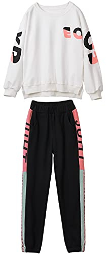 amropi Filles Jogging Survêtement Ensembles Pantalon et Sweats Haut 2 Pièce Vêtement Blanc Noir, 7-8 Ans