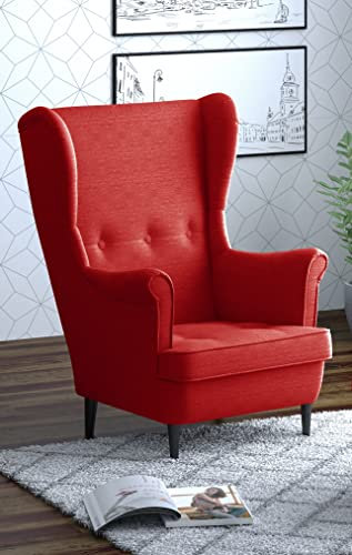 Leo Lounge Sessel mit Armlehnen, Stuhl aus Stoff mit Holz Füßen, Ohren- & armlehnensessel, Polsterstuhl, Ohrensessel, Ohrensessel groß, für Esszimmer & Wohnzimmer (Rot, Ohne Hocker)