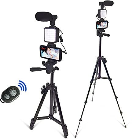 Kit video per smartphone, kit per vlogging, kit Youtuber, con microfono e treppiede leggero, 127 cm, con clip per telefono estensibile, telecomando compatibile con iPhone/smartphone/fotocamera…