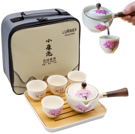 Lurrier Chinesisches Gongfu-Teeset aus Porzellan, Teekannen-Set mit 360 Grad drehbarem Teebereiter und -sieb, tragbar, Alles-in-Einem-Geschenktasche für Reisen, Zuhause, Outdoor, Büro, Sakura