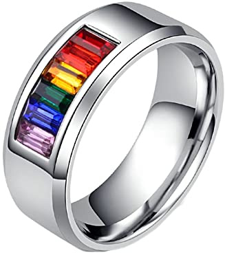 Epinki Trauringe Breit 8MM, Silber Bandring Breit Regenbogen mit Zirkonia Bunt Edelstahl Ringe Männer