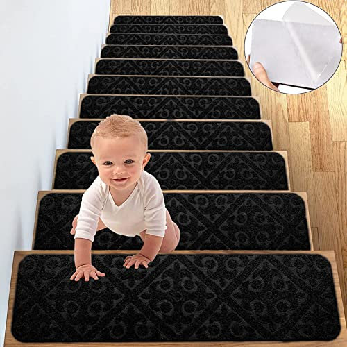 AEREY treppenstufen antirutsch Stufenmatten Teppich Selbstklebend kombinierbar mit passenden Läufern, Schont Ihre Treppe und gibt Halt - 31 PCE/Black
