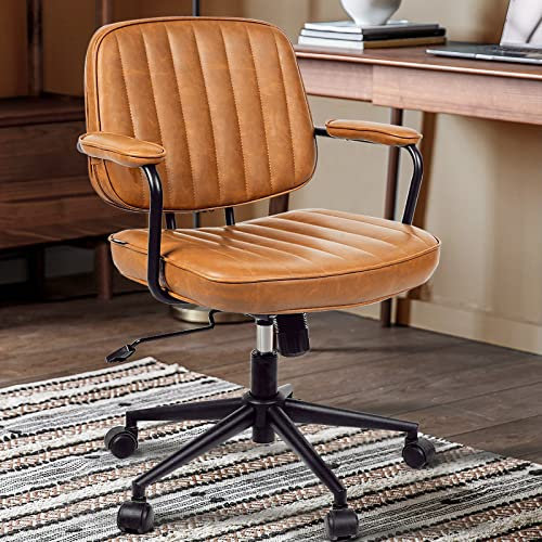 Artswish Mid Century Schreibtischstuhl Leder Bürostuhl Braun Büro Schreibtischstuhl Home Office Stuhl mit Rollen und Armlehnen