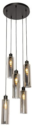Qazqa - Moderne Hängelampe I Pendellampe I Pendelleuchte schwarz mit Rauchglas 5-flammig Lichter - Stavelot I Wohnzimmer I Schlafzimmer - Rund - LED geeignet E27