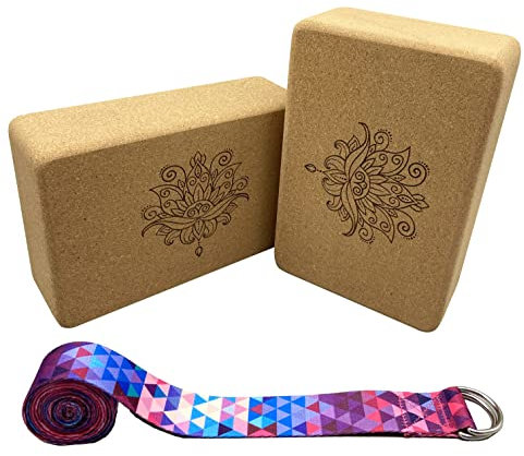Aozora Yogablock aus Kork, nachhaltig und umweltfreundlich, 2er-Pack und Yoga-Gurt, Set aus feinstem Naturkork für bessere Unterstützung, Balance und Komfort (Lotus, 9 x 6 x 3 (2er-Pack)