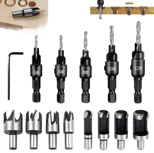13 Stücke Bohrer Senker Holz Set, 5 Holzbohrer Zapfenbohrer Set, 8 Senkbohrer Bohrsenker Holz, Holzspiralbohrer mit Einem L-Schlüssel, für Holz, DIY Holzbearbeitung