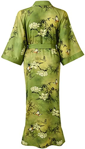 Ledamon Robe kimono longue pour femme - Grande taille - Avec poche florale - Chemise de nuit, Vert/jaune, taille unique