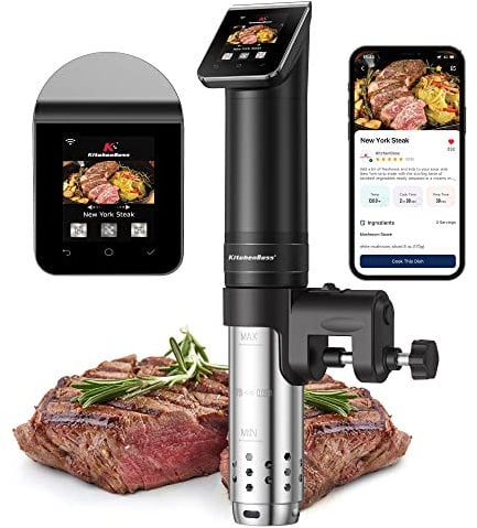 KitchenBoss Sous Vide Machine WIFI Precision Cooker: 1100 Watts App Temperature Control 40°C-90°C, IPX7 Immersion Circulator, TFT Touch Water Bath, Ultra-Quiet With 25 Recipes