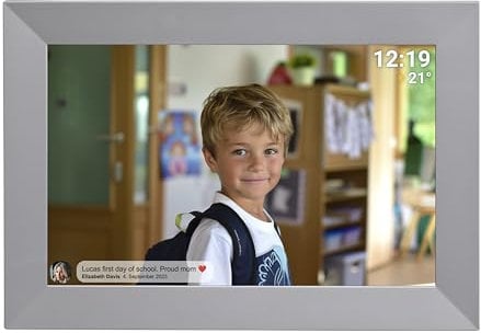 Denver PFF-1026G Digitaler Wi-Fi Bilderrahmen – 10,1 Zoll IPS HD Touchscreen, Integrierte FRAMEO Software, Drahtloses Teilen, Timer-Funktion, Grau