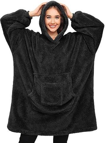 Tuopuda Felpa Donna Coperta con Maniche Felpe Plaid con Cappuccio Oversize Coperta Indossabile in Pile Pullover Blanket Hoodie Sherpa Fleece Felpa Gigante con Cappotto Pigiama Invernale, Nero
