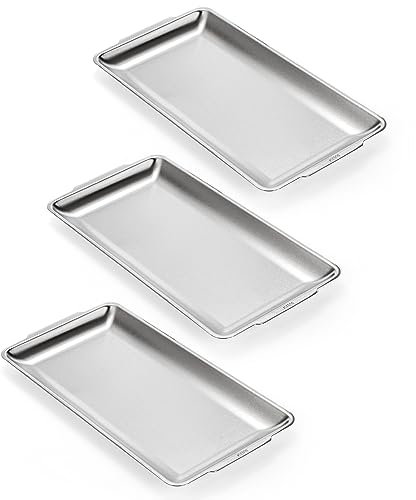 ZENFUN 3 Packs 304 Stainless Steel Serving Platters, 32x16CM Rectangle Metal Dinner Plates with Handles, Decorative Organizer Trays for BBQ, Dining, Party, Buffet, Appetizer Serving