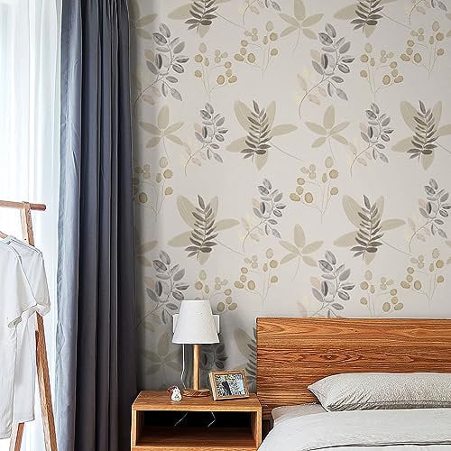 JOLIHOME Selbstklebende Tapete mit Blättern und Früchten in Beige Braunes und Graues Vintage-Kontaktpapier Selbstklebende Vinylfolie Rollen zum Abdecken von Badoberflächen 44,5x500cm