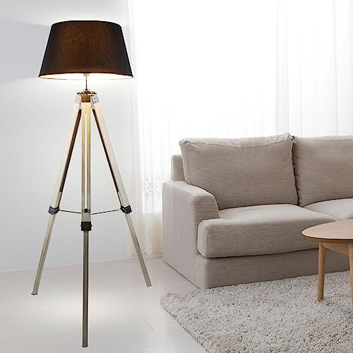 GLOBO Stehleuchte Wohnzimmer grau Stehlampe Metall Standleuchte Stativ Holz, Textilschirm, 1x E27 Fassung, DxH 65x145 cm