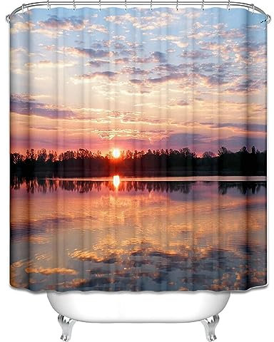 Lieson Duschvorhang Stoff 165x200CM Orange Rosa, Polyester Duschvorhang Antischimmel Wasserdicht mit ÖSEN See und Sonnenuntergang Vorhang Badewanne mit Haken